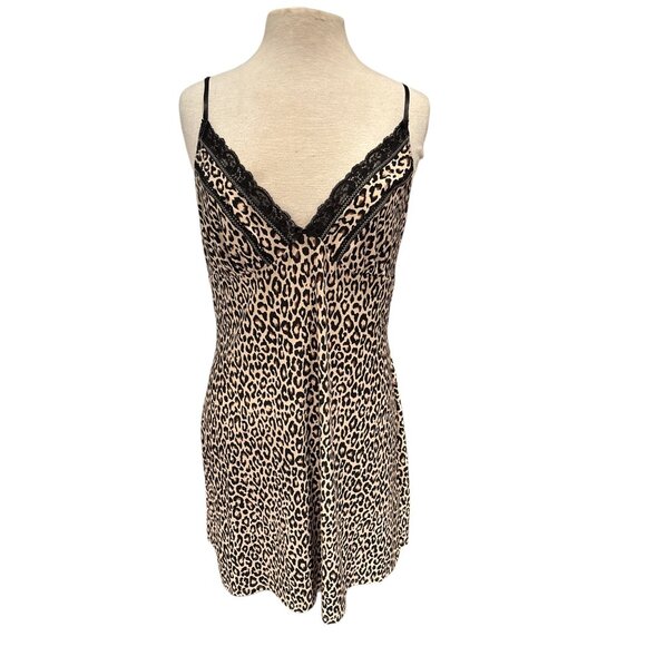 Leopard Print Satin Chemise Nightgown By Linea Donatella With Lace Trim & Adjust - Picture 1 of 9